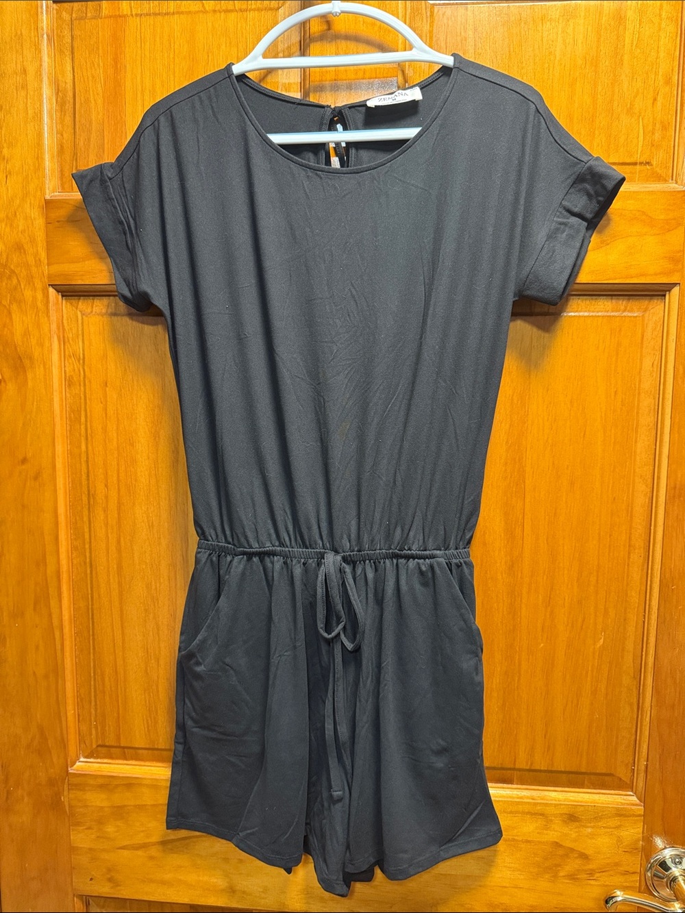 Zenana Outfitters Black Short-Sleeve Drawstring Romper